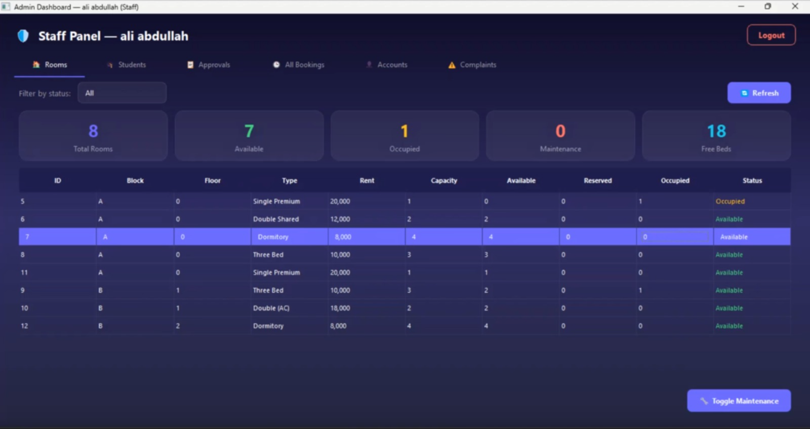 HOSTEL MANAGEMENT SYSTEM project interface screenshot